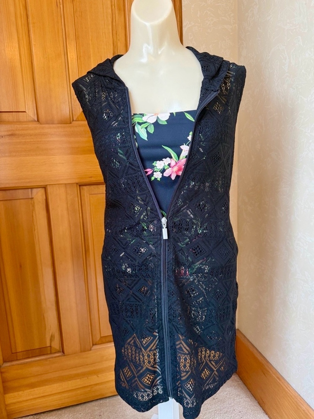 Black Sleeveless Hooded Zip-Up Swim Cover Up.